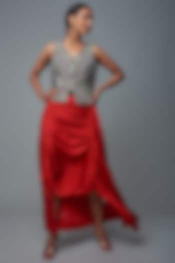 Red Crepe & Satin Circular Gathered Skirt Set by Nupur Kanoi