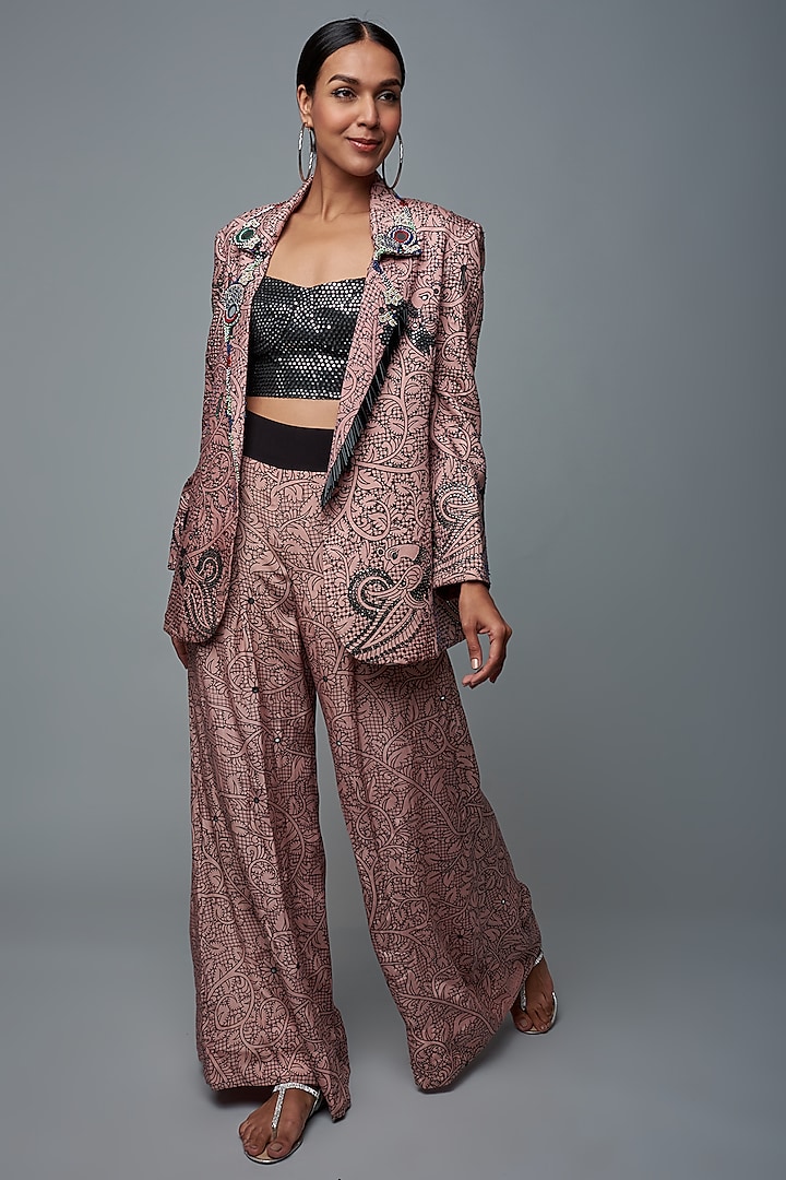 Dusty Rose Silk Printed & Embroidered Blazer Set by Nupur Kanoi