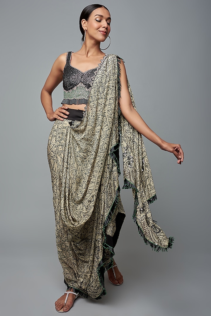 Ivory Crepe Printed & Embroidered Pre-Draped Saree Set by Nupur Kanoi