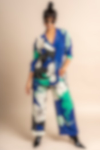 Cobalt Blue Crepe Digital Printed Co-Ord Set by Nupur Kanoi at Pernia's Pop Up Shop