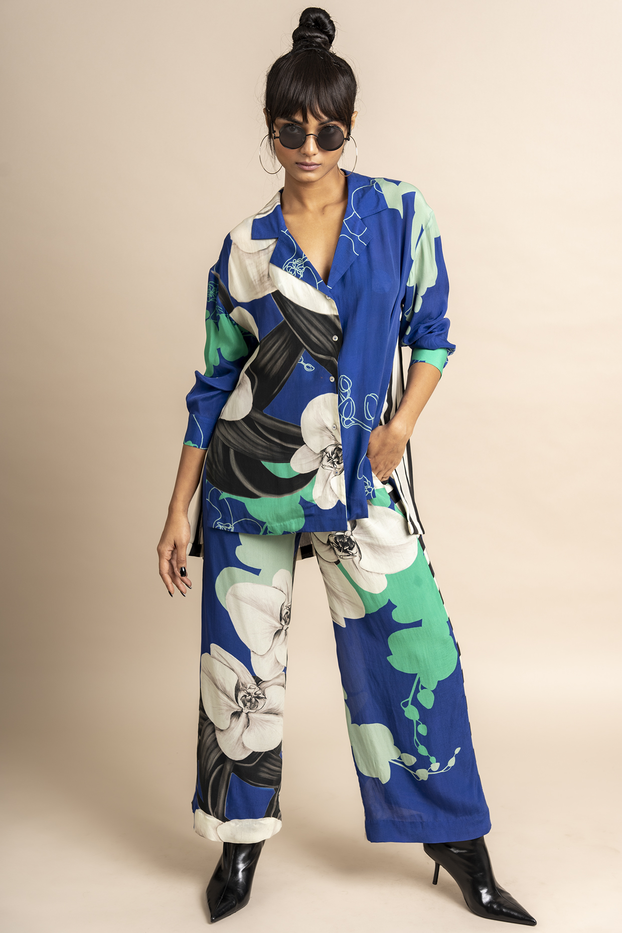 Cobalt Blue Crepe Digital Printed Co-Ord Set by Nupur Kanoi at Pernia's Pop Up Shop