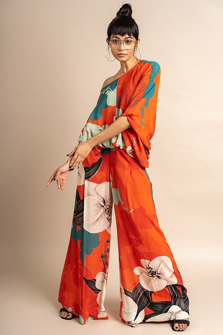 Tangerine Crepe Digital Printed Co-Ord Set by Nupur Kanoi at Pernia's Pop Up Shop