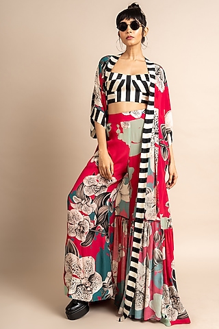 Magenta Crepe Digital Printed Jacket Set by Nupur Kanoi