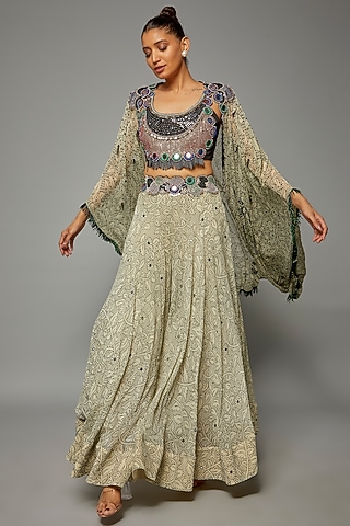 Cream Georgette Printed & Embroidered Jacket Set by Nupur Kanoi