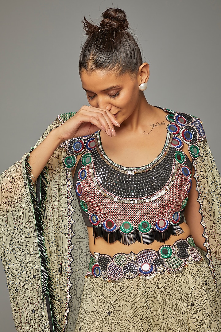 Cream Georgette Printed & Embroidered Jacket Set by Nupur Kanoi at Pernia's Pop Up Shop