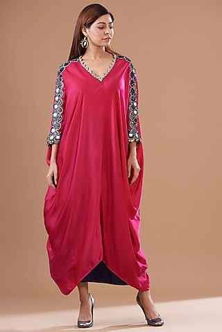 Red Satin Embroidered Kurta Set by Nupur Kanoi
