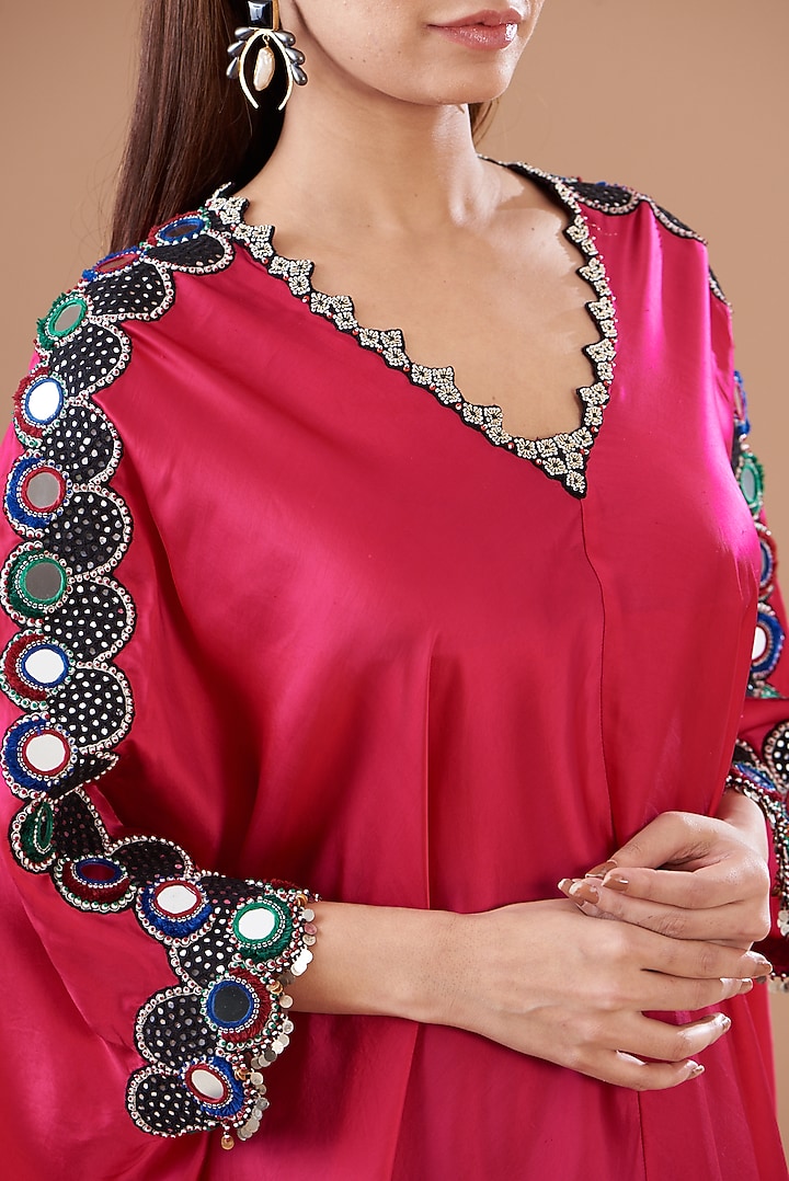 Red Satin Embroidered Kurta Set by Nupur Kanoi at Pernia's Pop Up Shop
