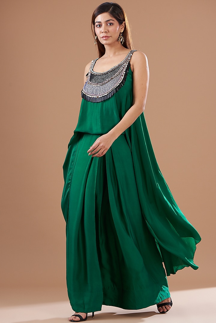 Emerald Green Satin Embroidered Singlet Lungi Dress by Nupur Kanoi