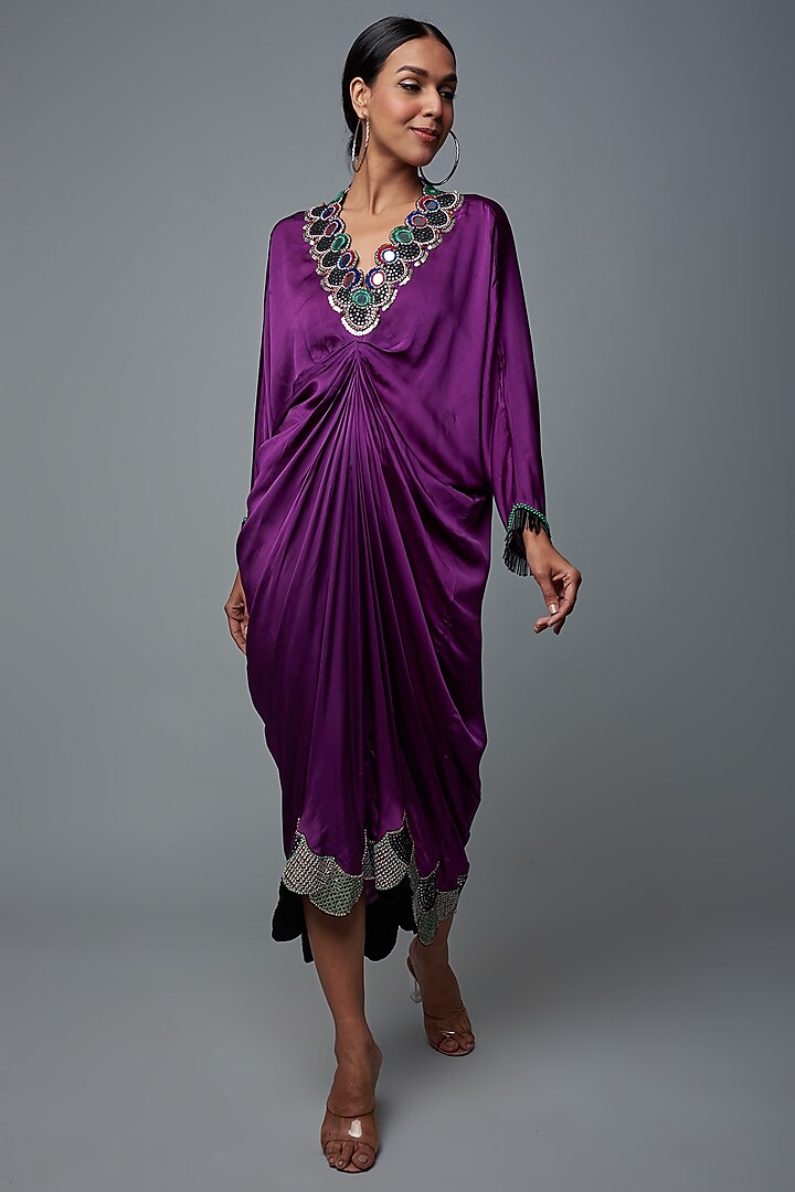 Purple Satin Printed & Embroidered Dress by Nupur Kanoi