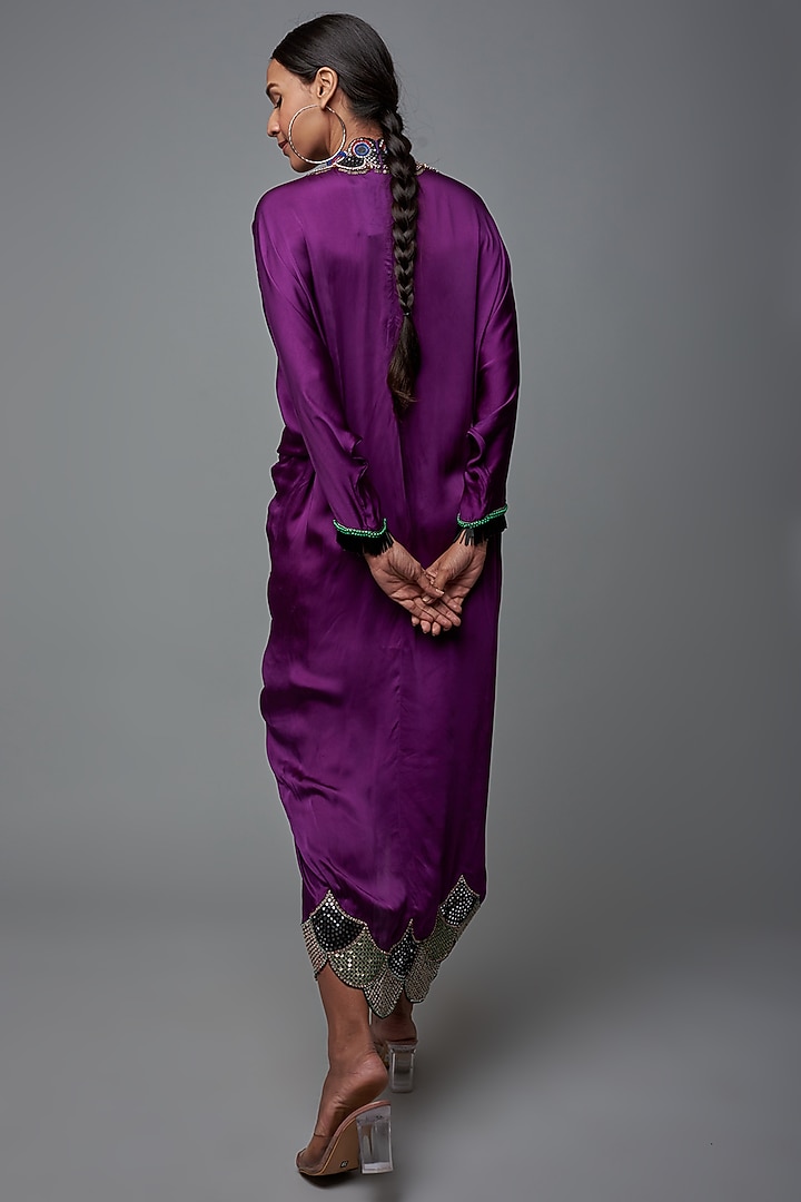 Purple Satin Printed & Embroidered Party Wear Dress by Nupur Kanoi at Pernia's Pop Up Shop