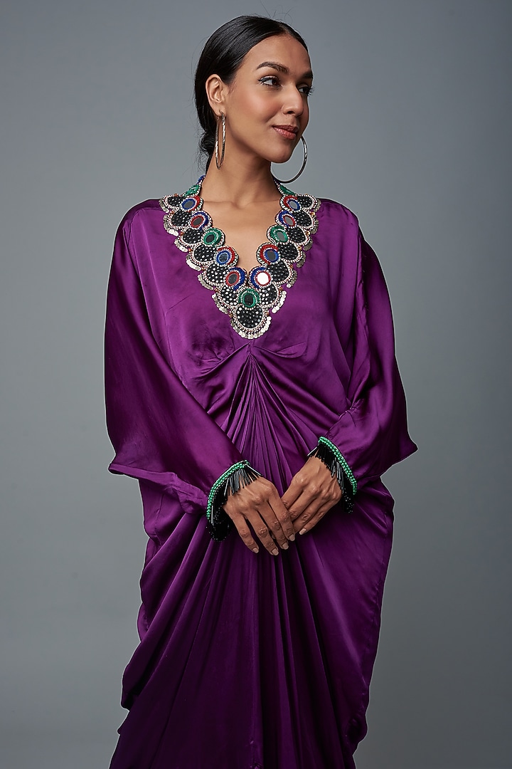 Purple Satin Printed & Embroidered Party Wear Dress by Nupur Kanoi at Pernia's Pop Up Shop