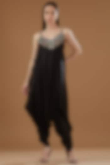 Black Satin Hand Embroidered Jumpsuit by Nupur Kanoi at Pernia's Pop Up Shop