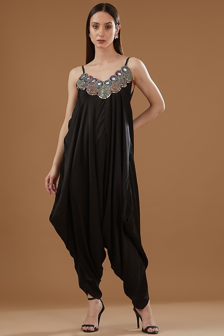 Black Satin Hand Embroidered Jumpsuit by Nupur Kanoi