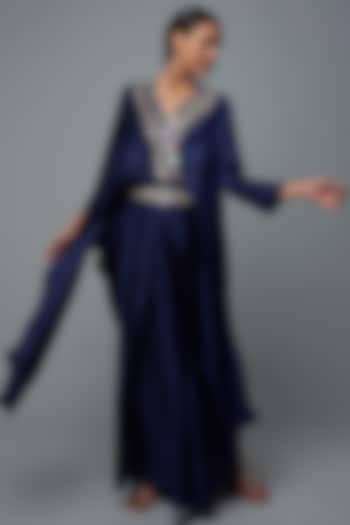 Navy Blue Satin Printed Embroidered Lungi Cocktail Dress by Nupur Kanoi at Pernia's Pop Up Shop