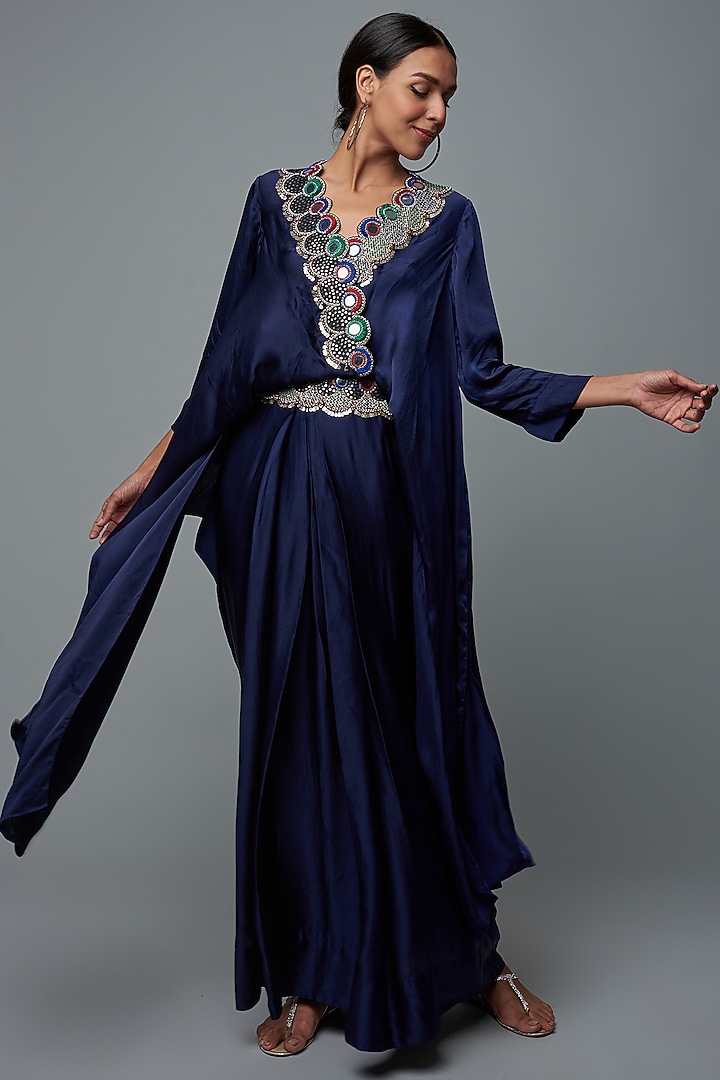 Navy Blue Satin Printed Embroidered Lungi Cocktail Dress by Nupur Kanoi at Pernia's Pop Up Shop