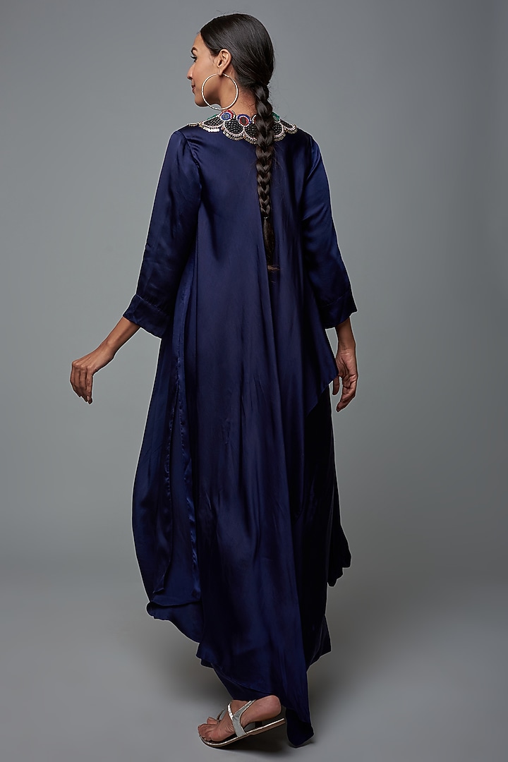 Navy Blue Satin Printed Embroidered Lungi Cocktail Dress by Nupur Kanoi at Pernia's Pop Up Shop
