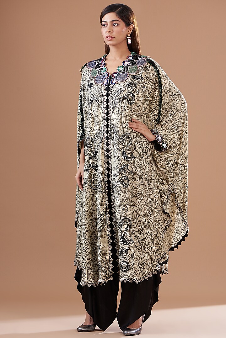 Ivory Crepe Printed & Embroidered Cape Set by Nupur Kanoi