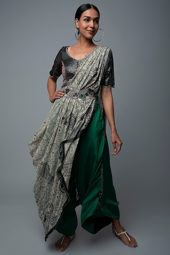 Ivory Crepe & Georgette Printed Draped Pant Saree Set by Nupur Kanoi at Pernia's Pop Up Shop