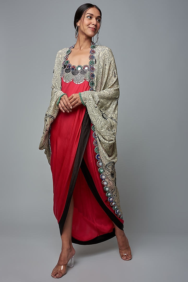 Ivory Crepe Printed & Embroidered Jacket Set by Nupur Kanoi