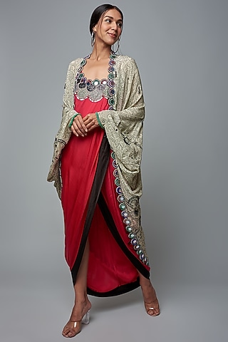 Ivory Crepe Printed & Embroidered Jacket Set by Nupur Kanoi