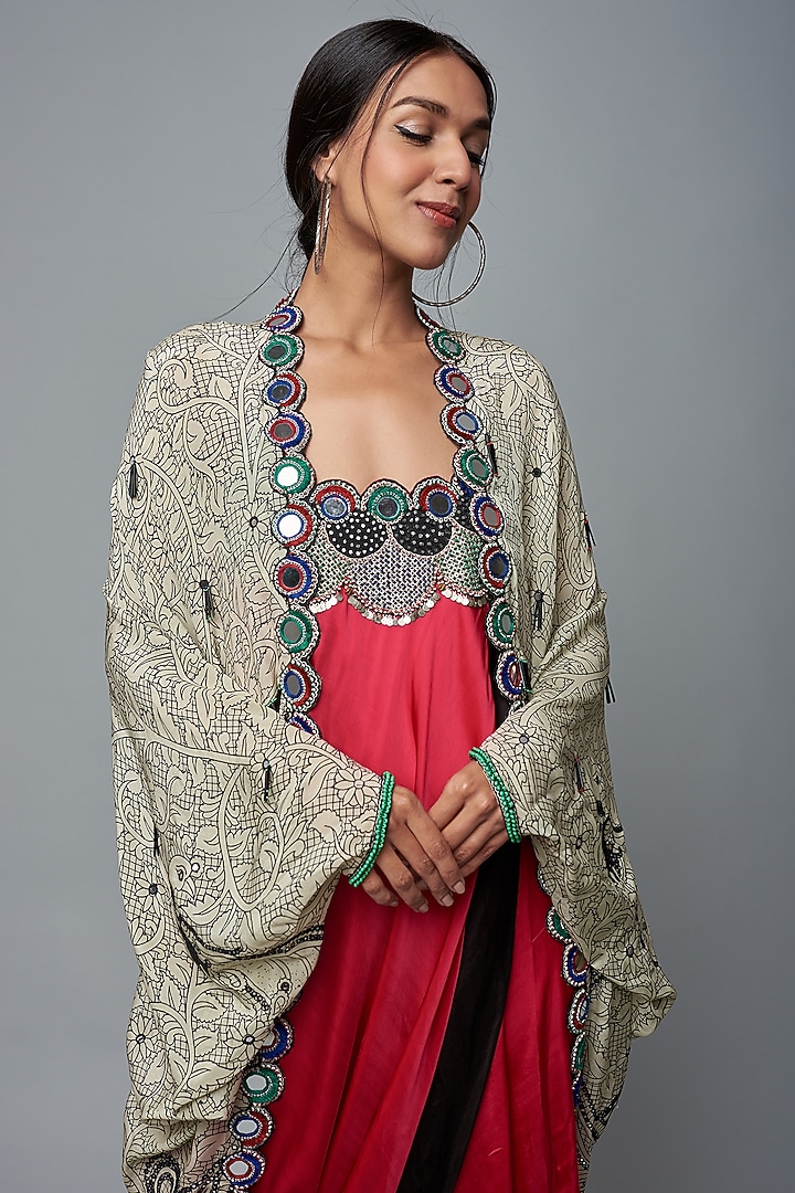 Ivory Crepe Printed & Embroidered Jacket Set by Nupur Kanoi at Pernia's Pop Up Shop