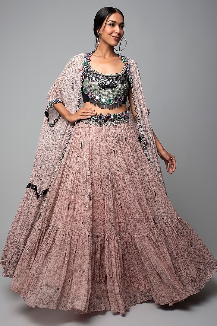 Dusty Pink Crepe & Georgette Printed Tiered Lehenga Set by Nupur Kanoi