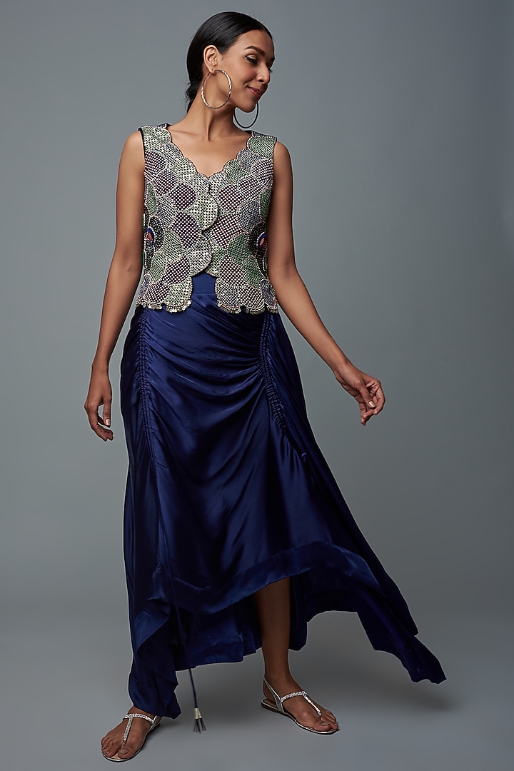Navy Blue Satin Circular Gathered Skirt Set by Nupur Kanoi at Pernia's Pop Up Shop