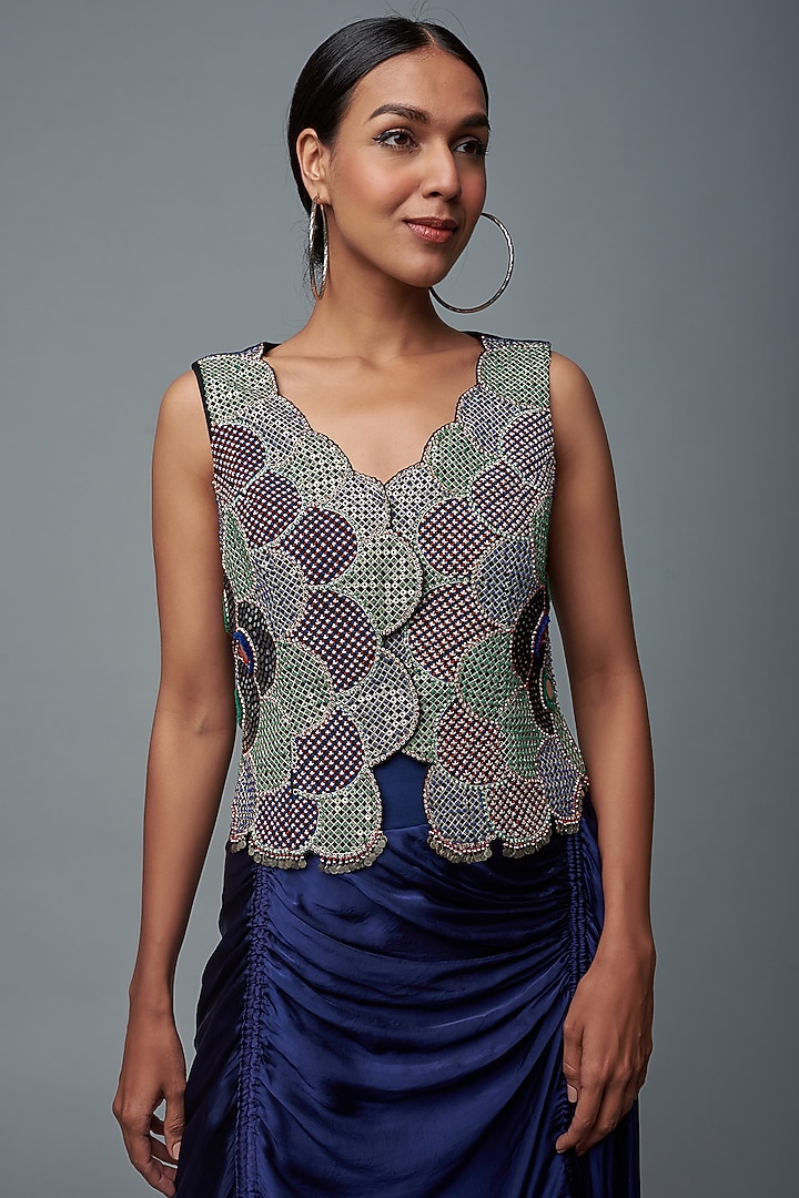 Navy Blue Satin Circular Gathered Skirt Set by Nupur Kanoi at Pernia's Pop Up Shop