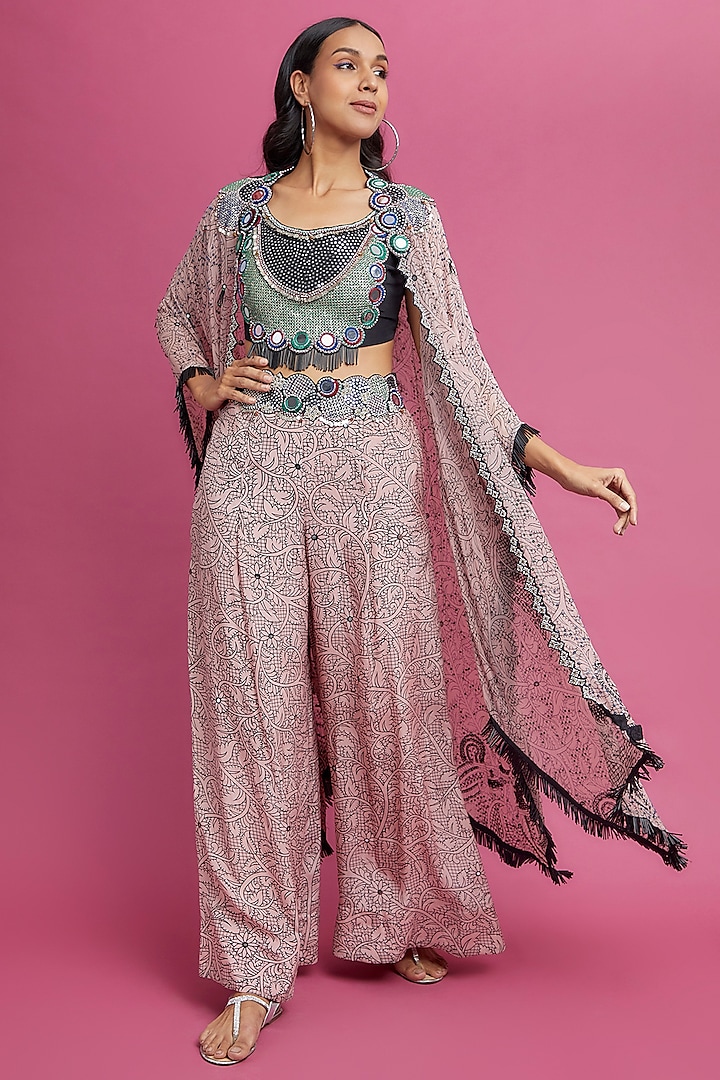 Dusty Rose Georgette Printed & Embroidered Jacket Set by Nupur Kanoi