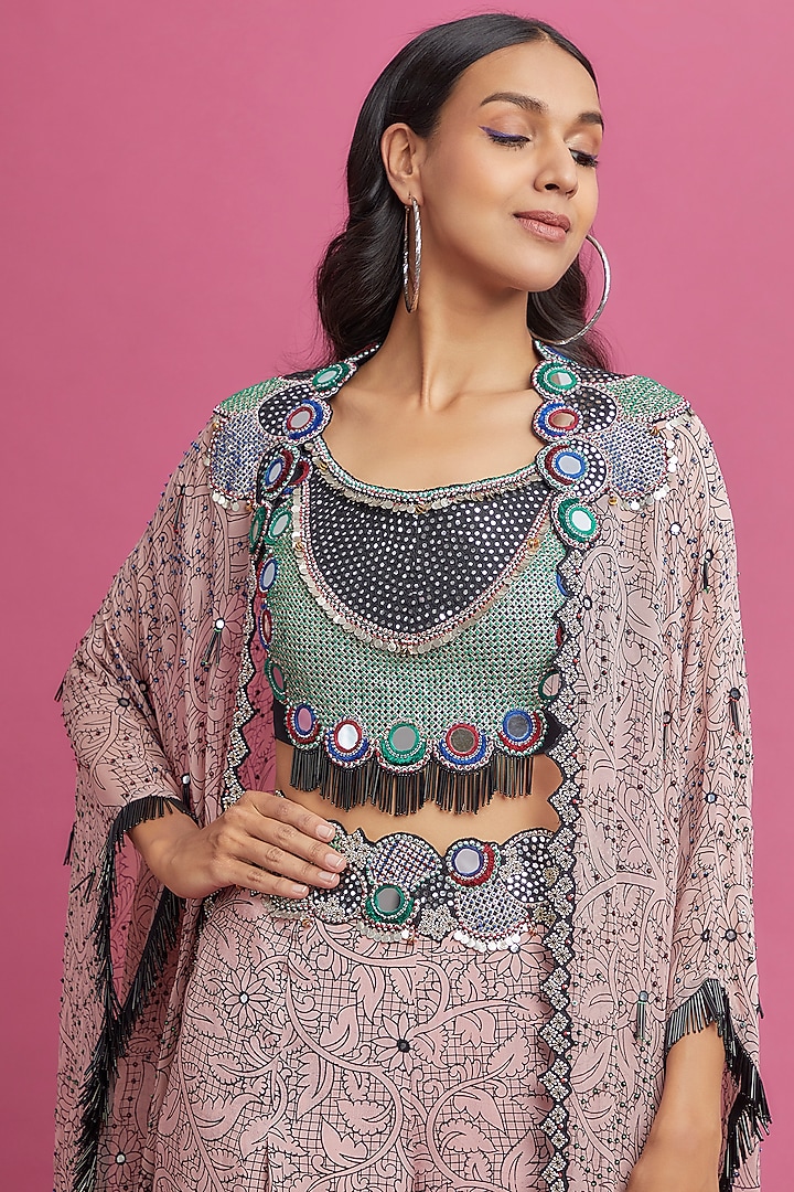 Dusty Rose Georgette Printed & Embroidered Jacket Set by Nupur Kanoi at Pernia's Pop Up Shop