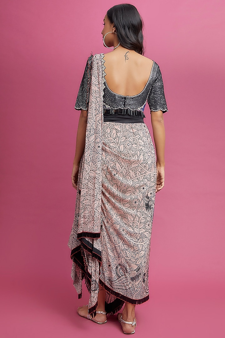 Dusty Rose Crepe Printed & Embroidered Reception Saree Set by Nupur Kanoi at Pernia's Pop Up Shop