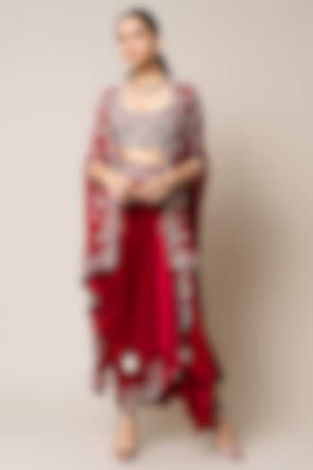 Burgundy Satin Hand Embroidered Gathered Cowl Skirt Set by Nupur Kanoi