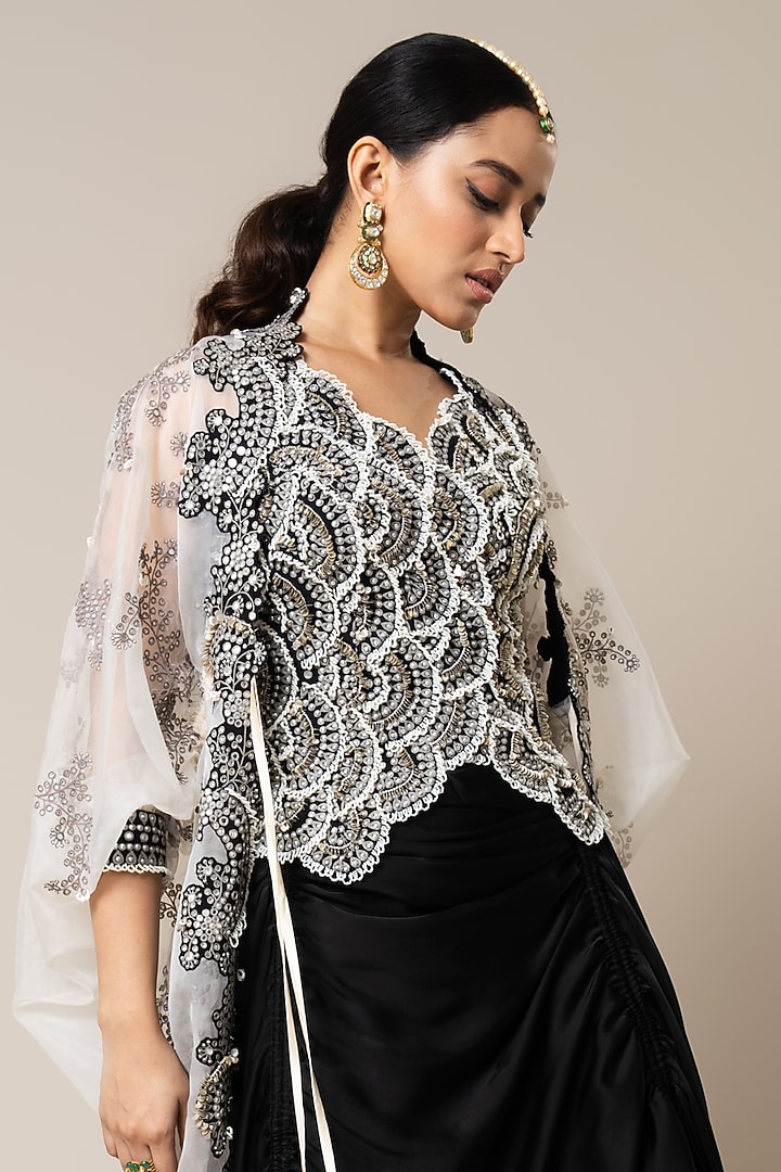 Black Satin Gathered Skirt Set by Nupur Kanoi at Pernia's Pop Up Shop