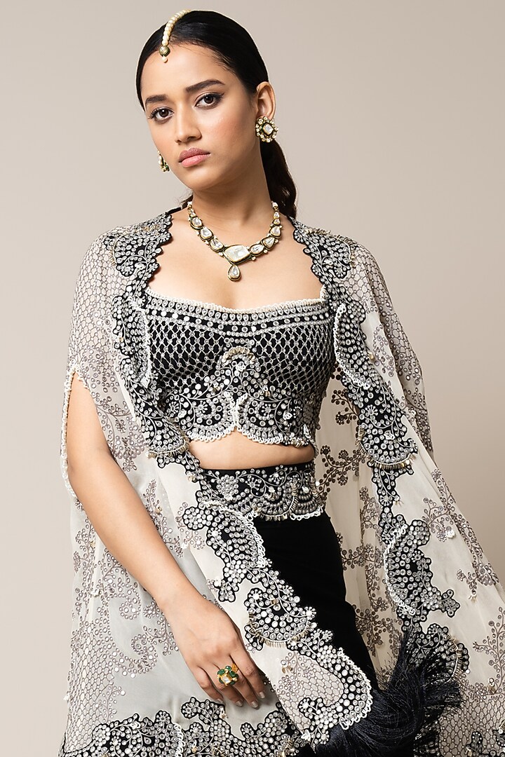 Black Satin Pick-Up Skirt Set by Nupur Kanoi at Pernia's Pop Up Shop