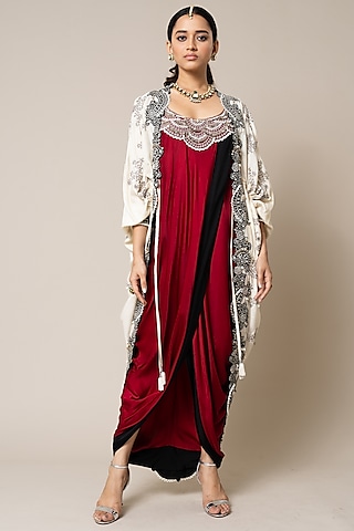 Burgundy Satin Hand Embroidered Sack Dress With Cape by Nupur Kanoi