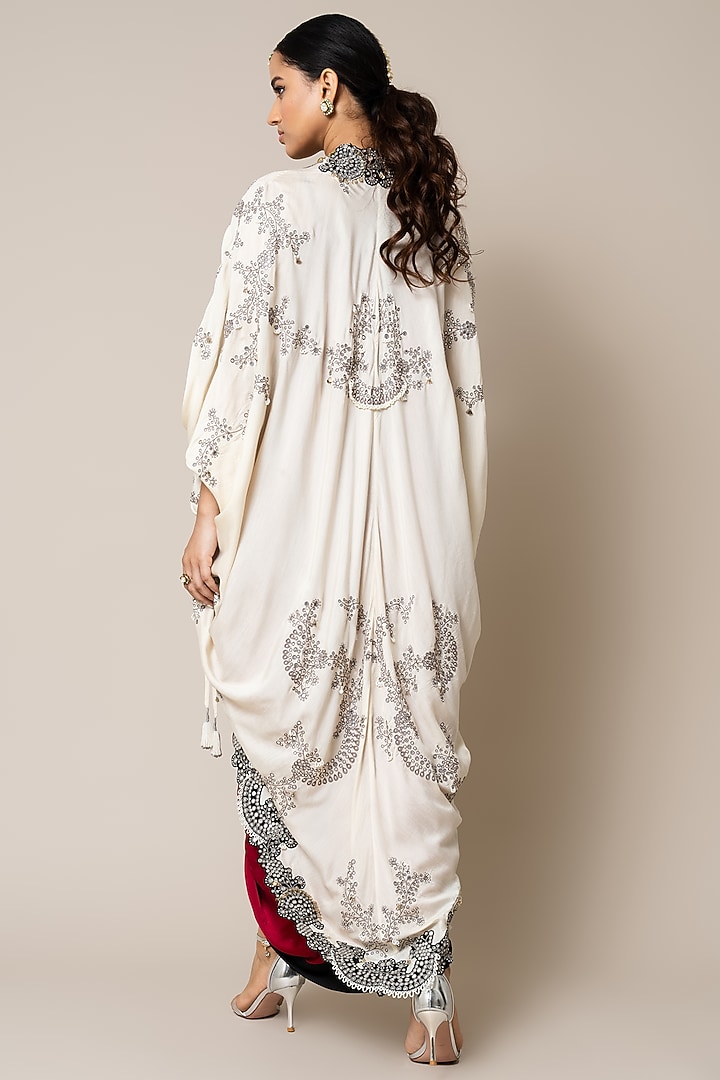 Burgundy Satin Hand Embroidered Sack Party Wear Dress With Cape by Nupur Kanoi at Pernia's Pop Up Shop