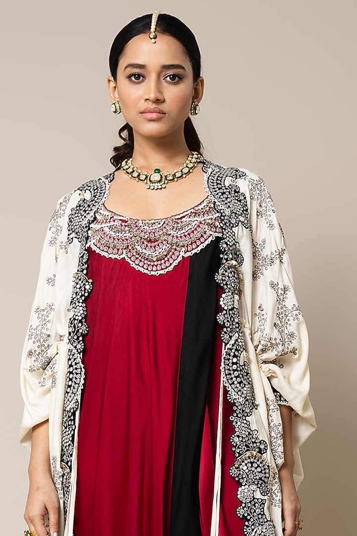 Burgundy Satin Hand Embroidered Sack Party Wear Dress With Cape by Nupur Kanoi at Pernia's Pop Up Shop