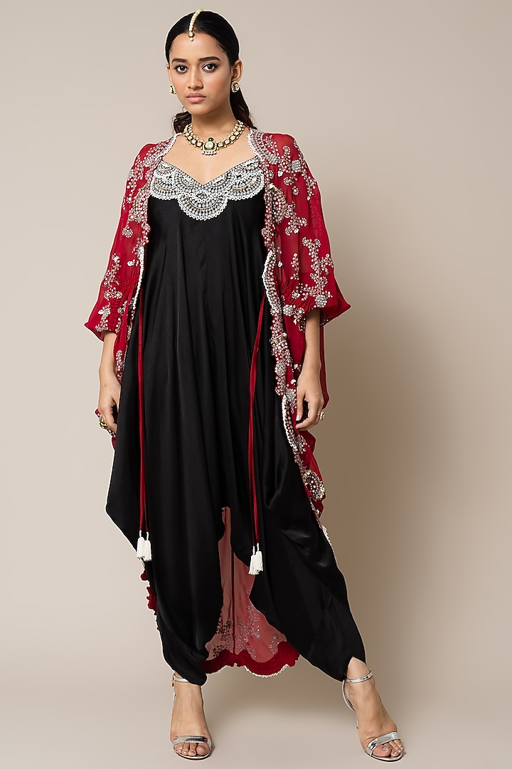 Black Satin Hand Embroidered Strappy Jumpsuit With Gathered Cape by Nupur Kanoi at Pernia's Pop Up Shop