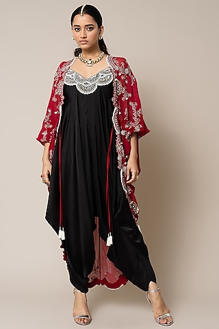 Black Satin Hand Embroidered Strappy Jumpsuit With Gathered Cape by Nupur Kanoi
