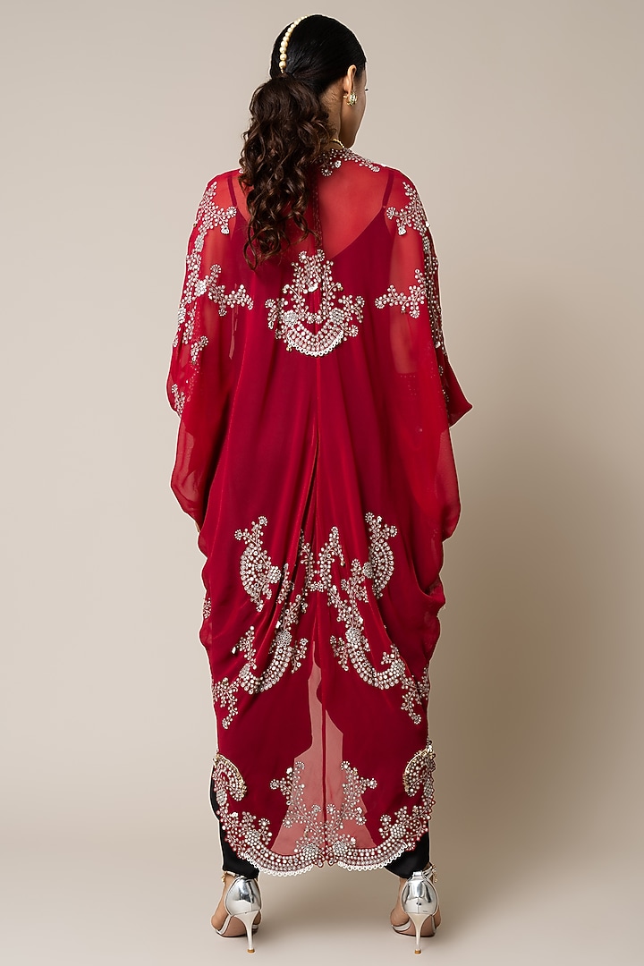 Black Satin Hand Embroidered Strappy Jumpsuit With Gathered Cape by Nupur Kanoi at Pernia's Pop Up Shop