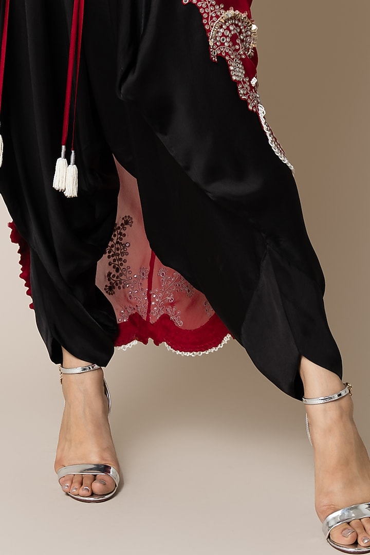 Black Satin Hand Embroidered Strappy Jumpsuit With Gathered Cape by Nupur Kanoi at Pernia's Pop Up Shop