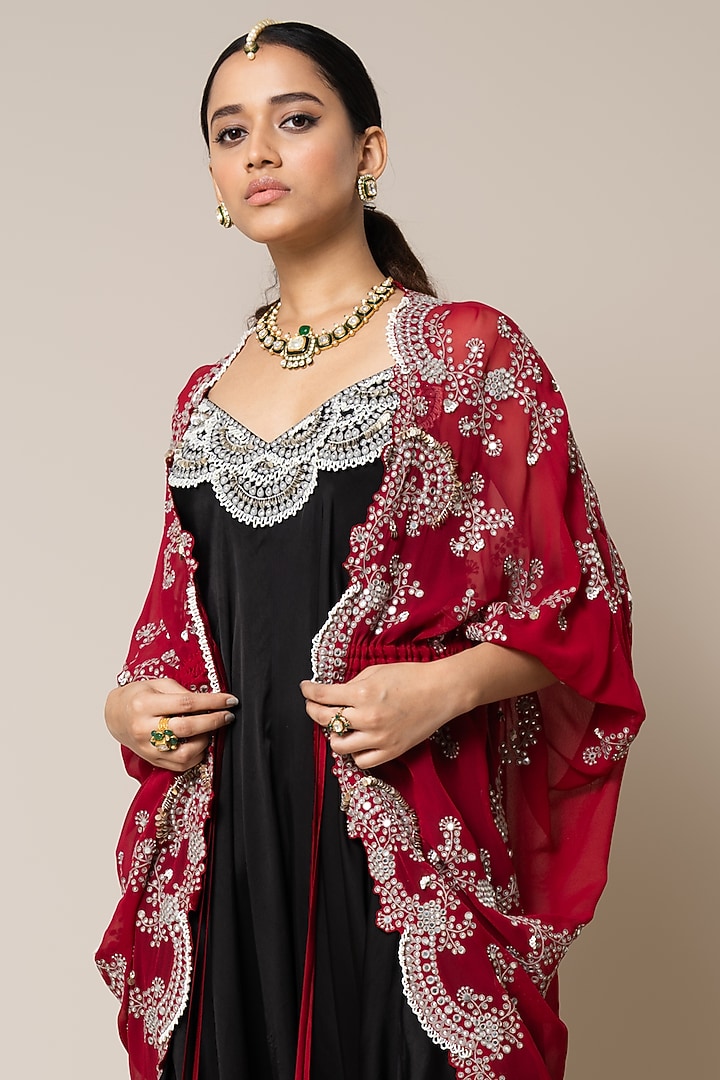 Black Satin Hand Embroidered Strappy Jumpsuit With Gathered Cape by Nupur Kanoi at Pernia's Pop Up Shop