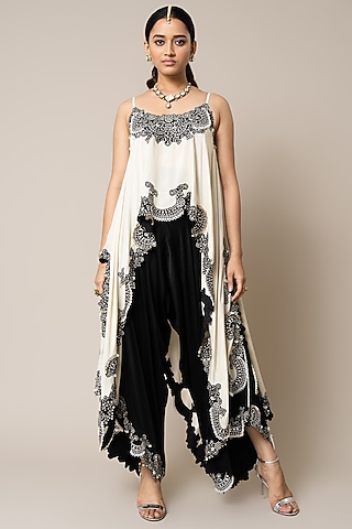 Black Satin Hand Embroidered Draped Pant Set by Nupur Kanoi