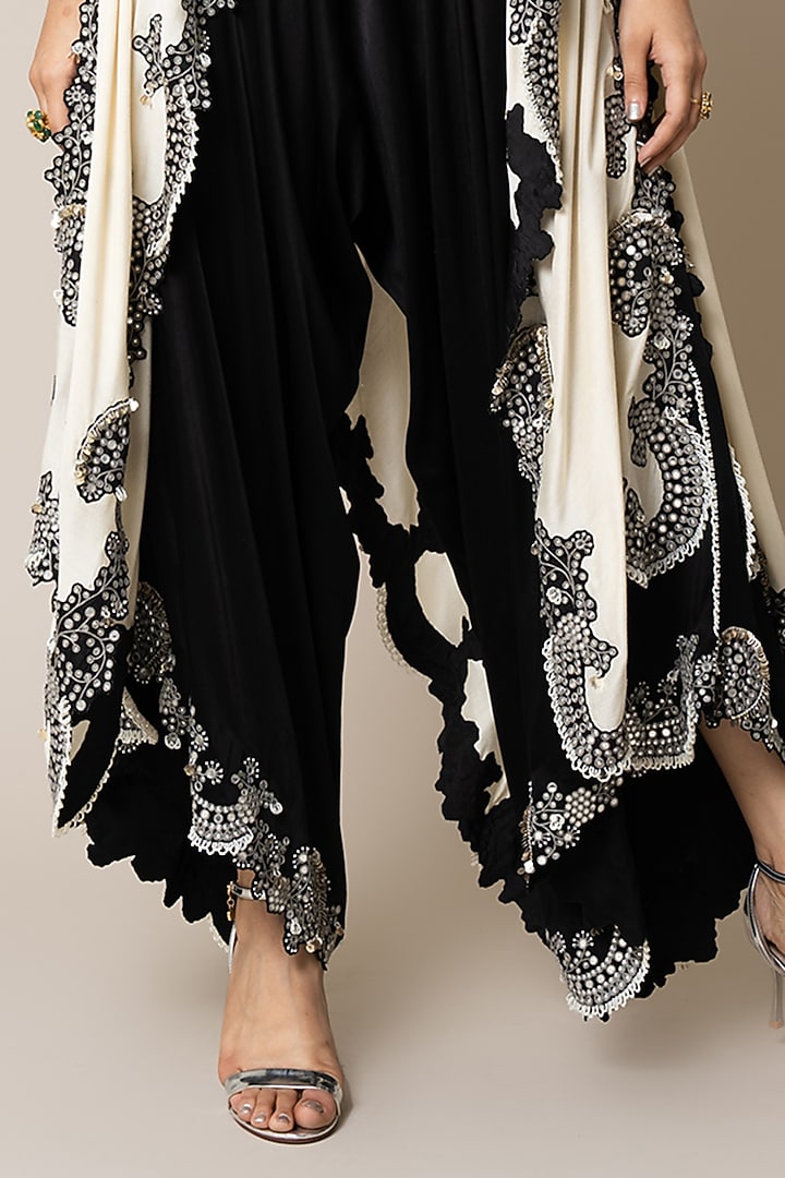 Black Satin Hand Embroidered Draped Pant Set by Nupur Kanoi at Pernia's Pop Up Shop