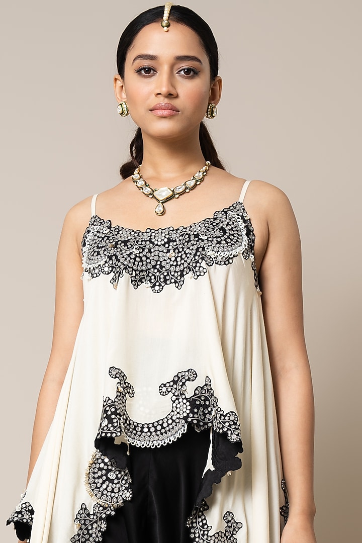 Black Satin Hand Embroidered Draped Pant Set by Nupur Kanoi at Pernia's Pop Up Shop