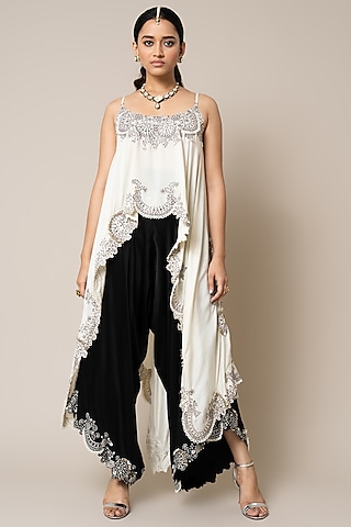 Black Satin Hand Embroidered Draped Pant Set by Nupur Kanoi