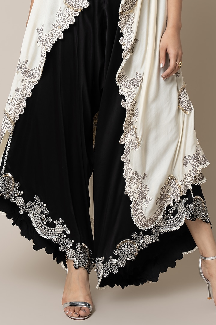 Black Satin Hand Embroidered Draped Pant Set by Nupur Kanoi at Pernia's Pop Up Shop