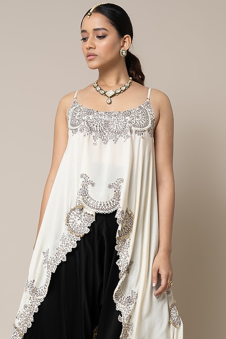 Black Satin Hand Embroidered Draped Pant Set by Nupur Kanoi at Pernia's Pop Up Shop