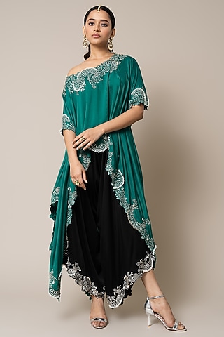 Black Satin Hand Embroidered Draped Pant Set by Nupur Kanoi