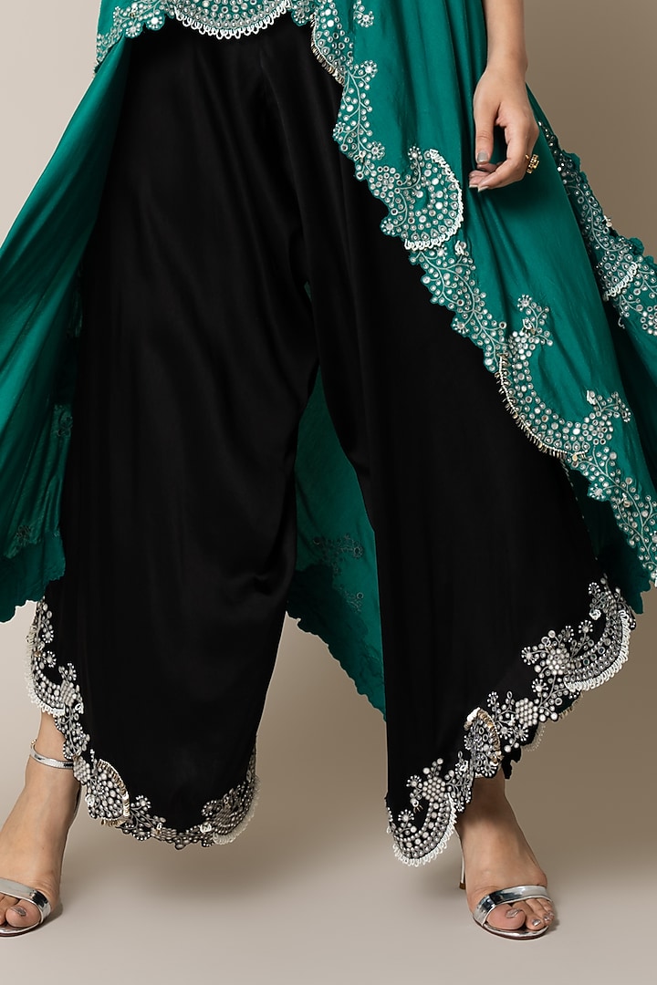 Black Satin Hand Embroidered Draped Pant Set by Nupur Kanoi at Pernia's Pop Up Shop